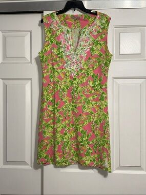 Barbara Gerwit Pink Tropical Print Tunic Dress w/ Embroidered Neckline